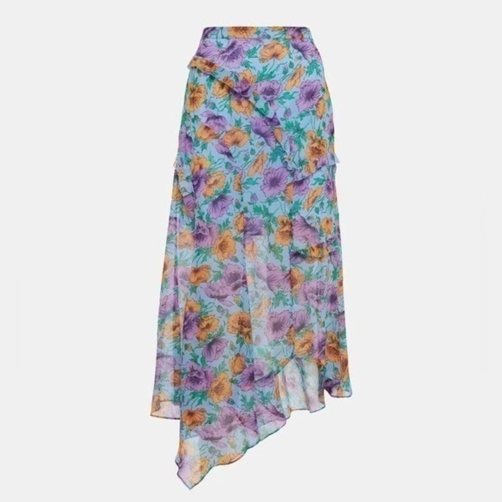 Veronica Beard Eleonora Silk Floral Print Skirt Asymmetrical Midi Blue 6 B46 - Picture 5 of 12